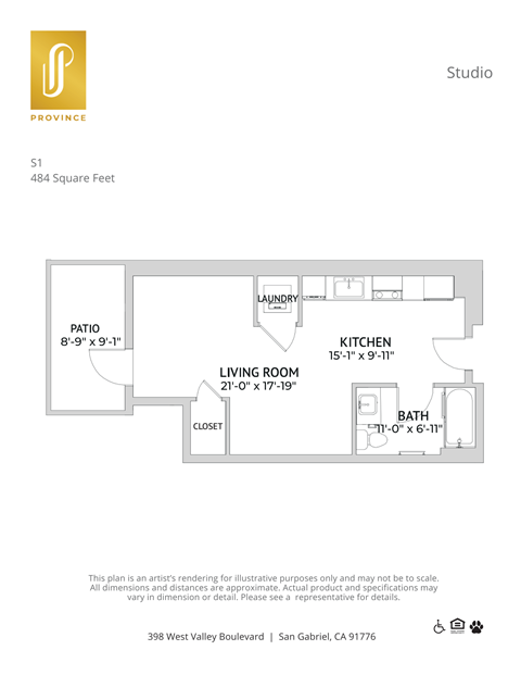 Floor plan for studio, 1 bath, 484 sqft